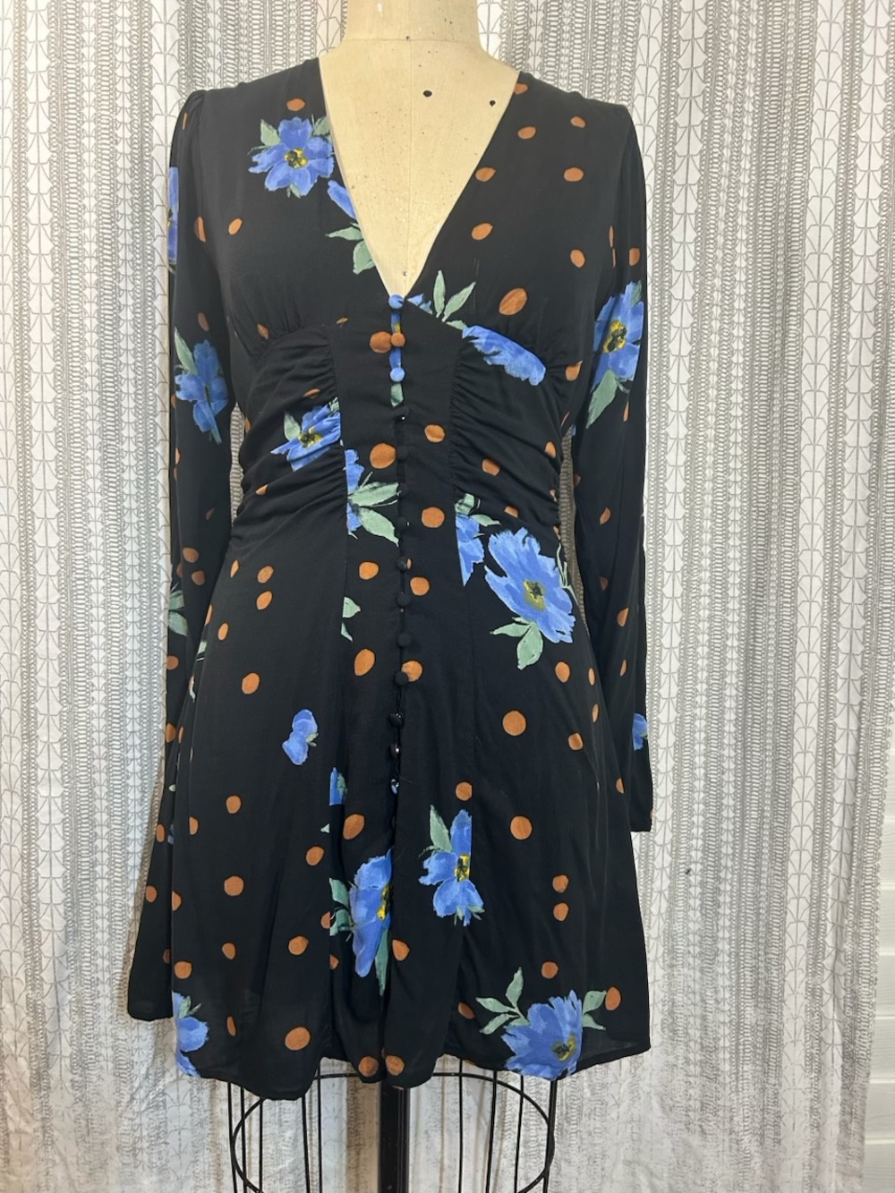 Free People Black Dress with Blue Floral and Brown Polka Dots